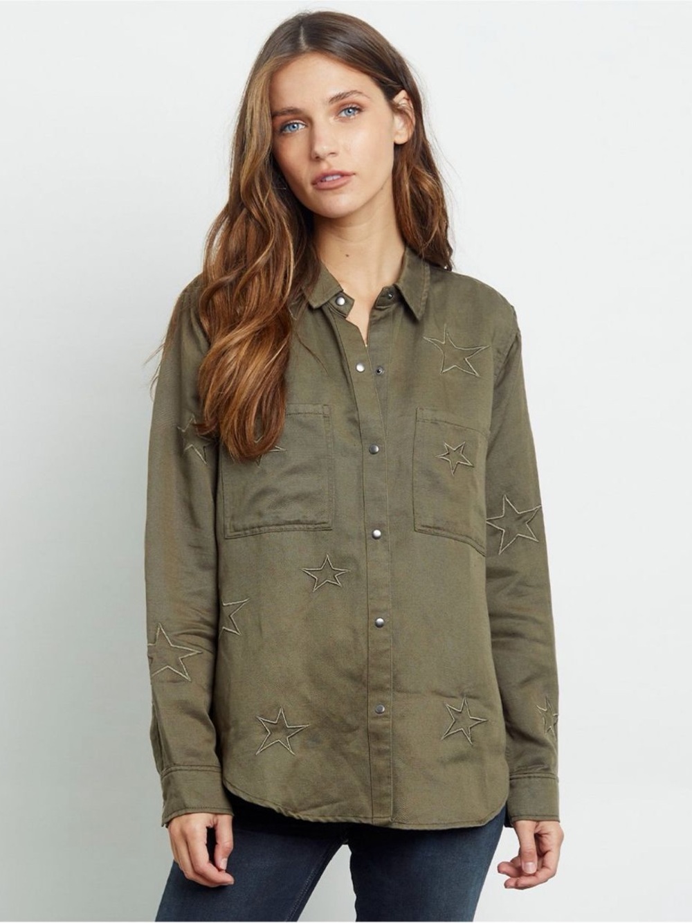Rails Marcel Embroidered Stars Button Up Shirt in Olive size L